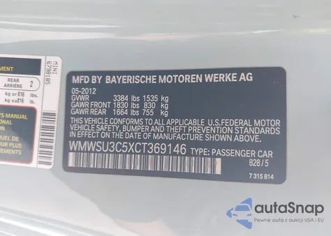 2012 Mini Cooper z USA, uszkodzony, nr VIN WMWSU3C5XCT369146